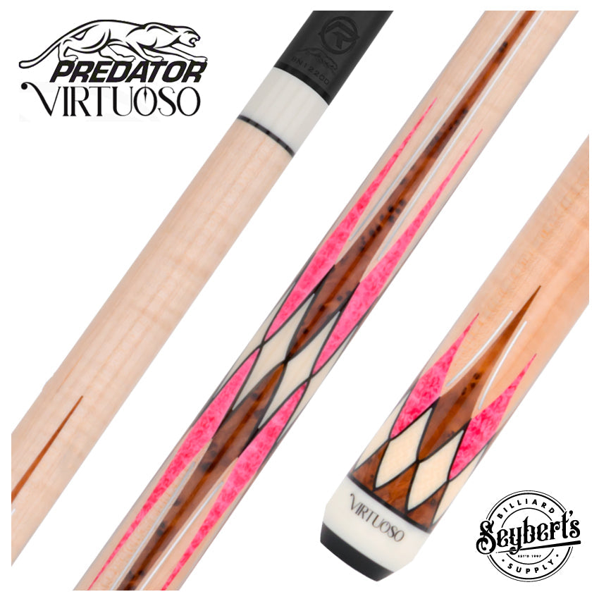 Predator Virtuoso Series Curly Maple with 8 Pink Stone and Thuya Points No Wrap Pool Cue - Uni-Loc