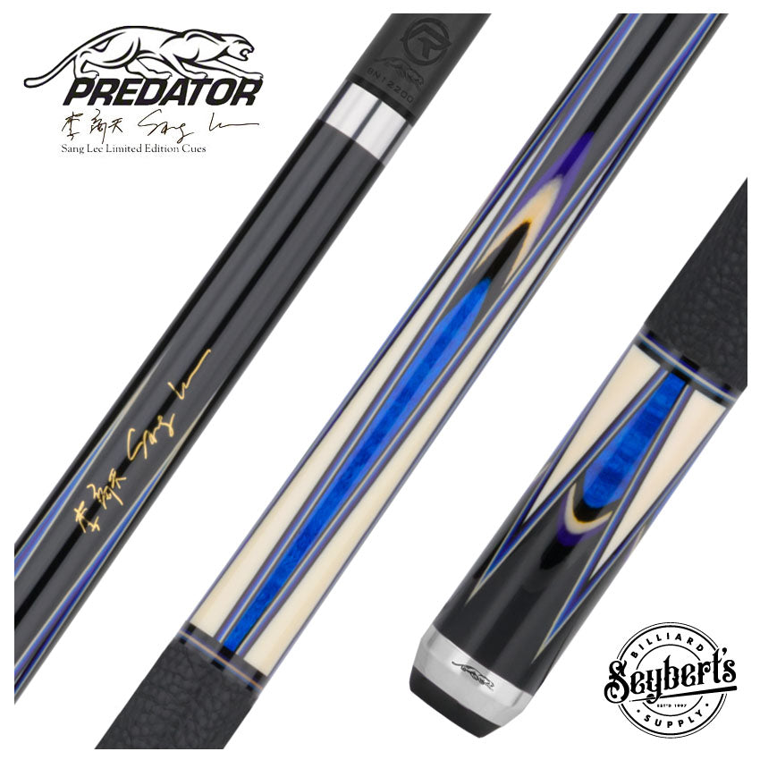 Predator Sang Lee 2-3 Black with Blue / Maple / Black / Purple / Ivorine Butterfly Points Limited Edition Pool Cue - Radial with Luxe Leather Wrap