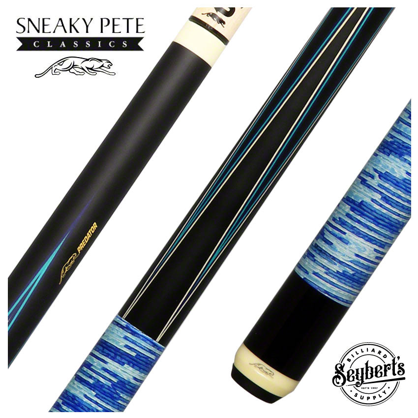 Predator 4 Point Sneaky Pete  Blue/White  Stacked Leather Wrap Pool Cue - True Splice - SP4BL-SLWMXBLWH